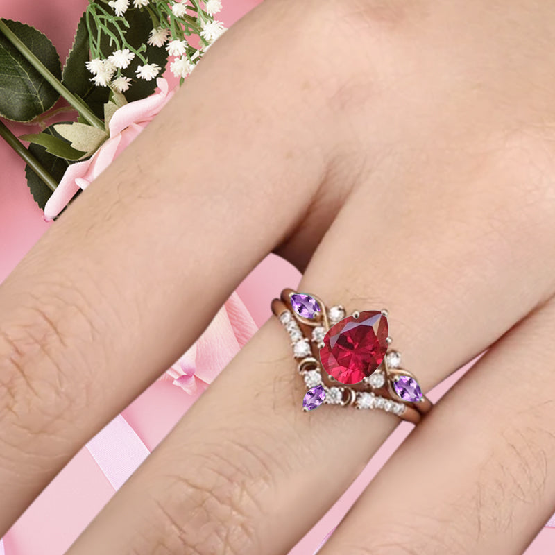 Bague de fiançailles vintage en forme de poire avec aigue-marine, ensemble de bagues de mariage uniques, cadeau d'anniversaire
