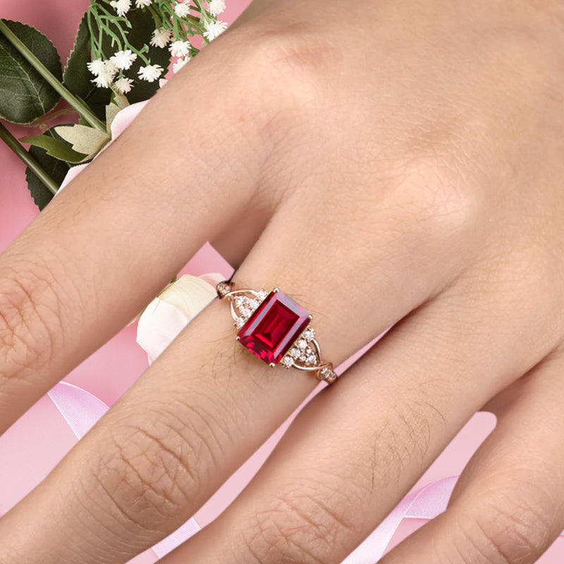 Emerald Cut Ruby Engagement Ring Unique Ruby Moissanite Deco Wedding Ring Gift For Her