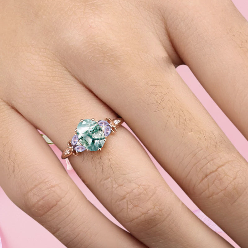 Vintage Oval Moss Agate Engagement Ring Unique Amethyst Sidestones Oval Gemstone Promise Ring Ver.2