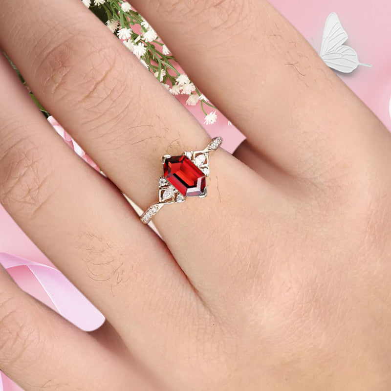 Hexagon Ruby Engagement Ring Moissanite Cluster Promise Ring Rose Gold Art Deco Ring Custom Handmade Bridal Ring