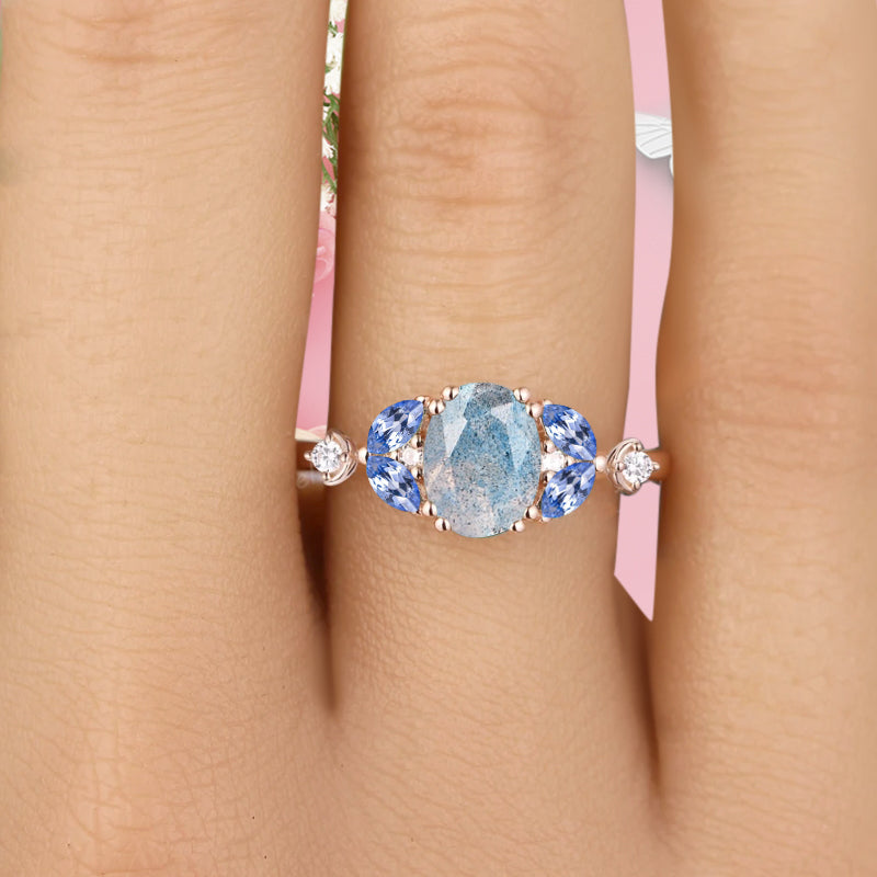 Bague de fiançailles vintage ovale en pierre de lune, bague de promesse unique en opale et moissanite