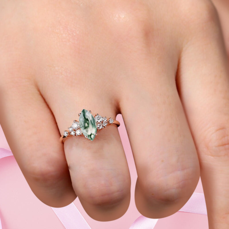 Vintage Marquise Moss Agate Engagement Ring, Rose Gold Moissanite Cluster Custom Sterling Silver Wedding Ring Promise Ring Gift for her
