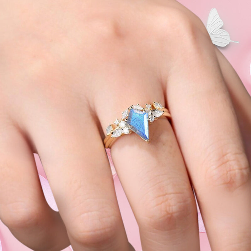 Kite cut Labradorite ring set rose gold 6 prong art deco unique engagement ring set women dainty diamond ring set Personalized anniversary gift