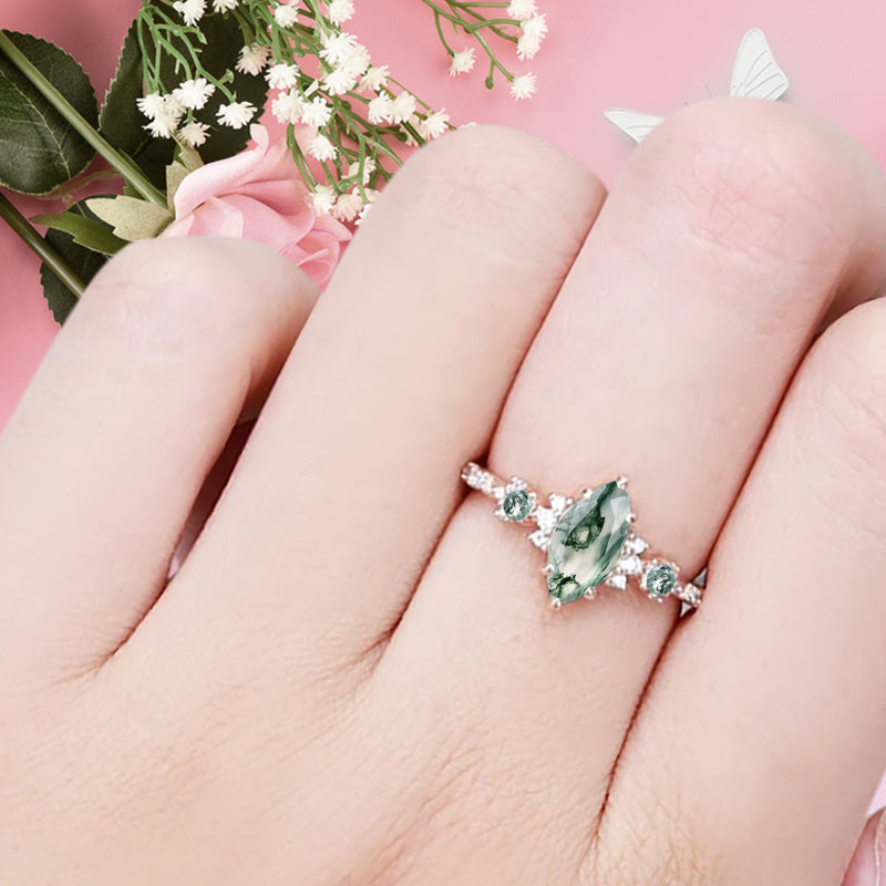 Vintage Marquise Cut Natural Moss Agate Engagement Ring Sets Nature Inspired Moissanite Cluster Promise Ring Rose Gold Art Deco Women Gift
