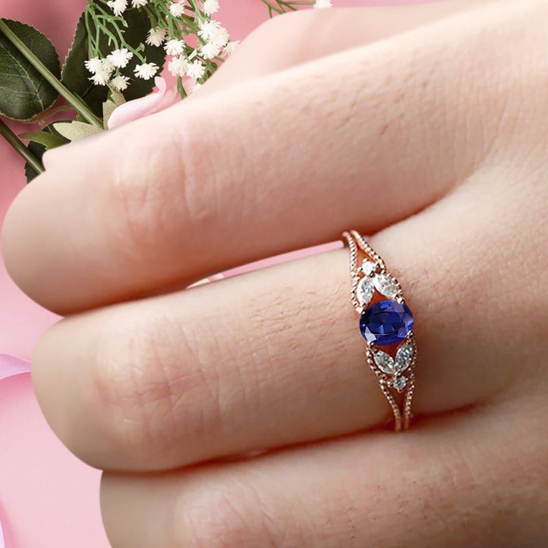 Blue Topaz Engagement Ring Vintage 18K Solid Gold Wedding Ring Split Diamond Art Deco Bridal Ring Jewelry Gift For Her
