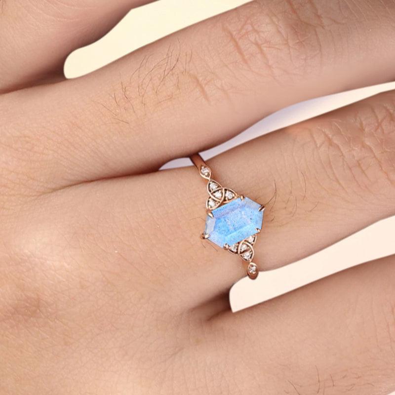 Oval geschliffener Sonnenstein Verlobungsring Unikat Sonnenstein Moissanit Ehering Geschenk für Sie