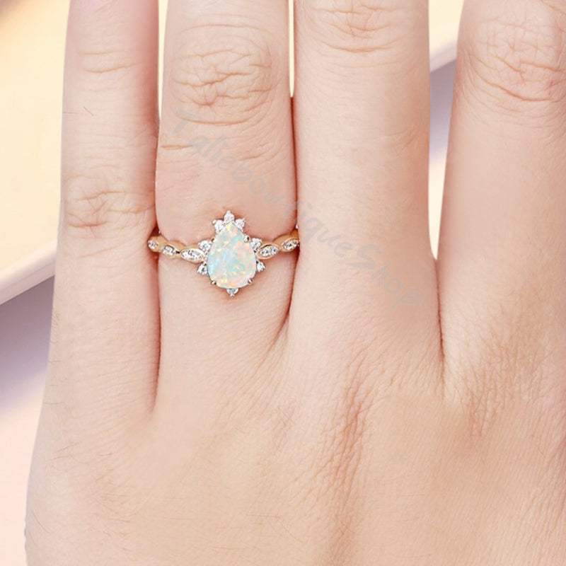 Opal Ring Dainty Ring Pear Cut Opal Engagement Ring Art Deco Promise Ring Gift For Her