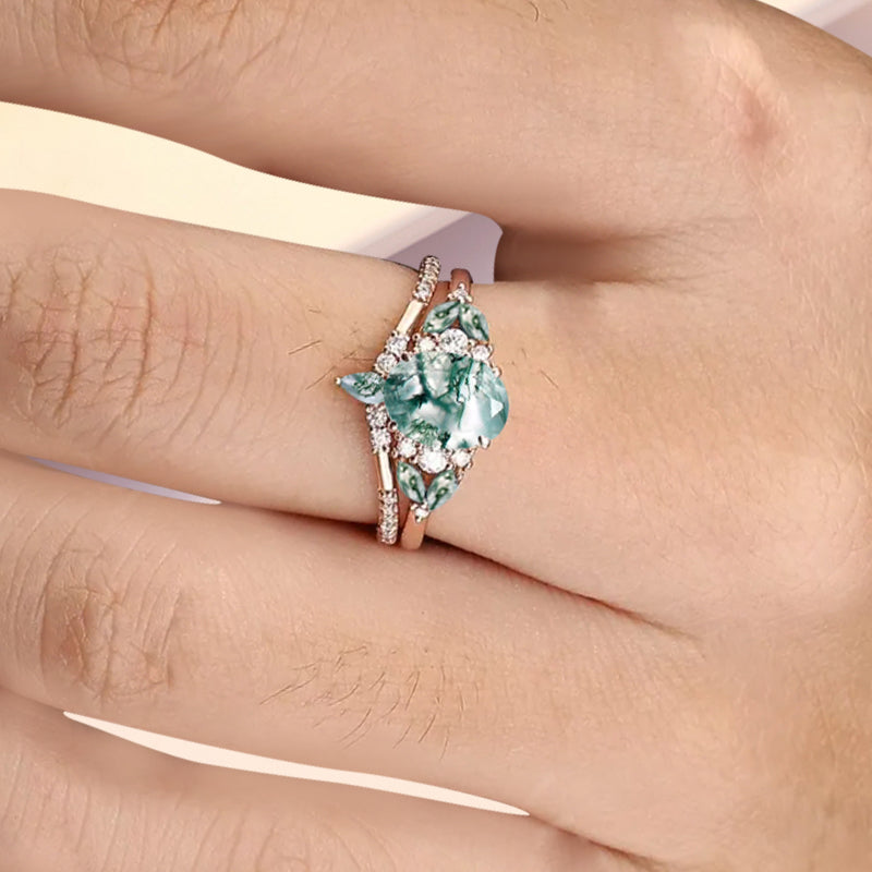 Vintage Oval Moss Agate Engagement Ring Set Unique Moss Agate Sidestones Oval Gemstone Promise Ring Set