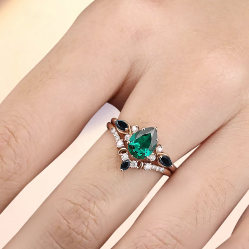 Bague de fiançailles vintage en forme de poire avec aigue-marine, ensemble de bagues de mariage uniques, cadeau d'anniversaire
