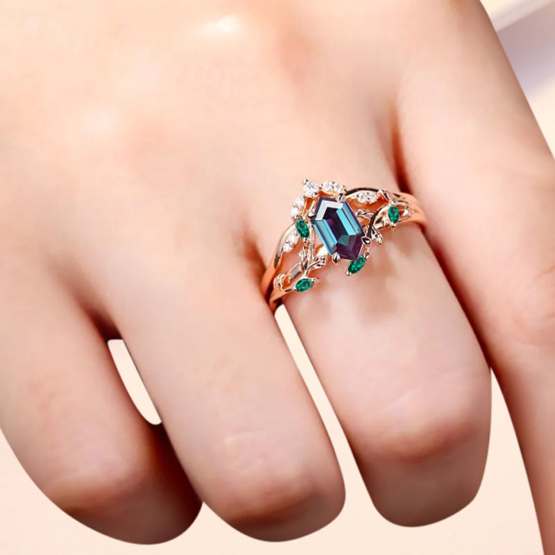 18k Solid Gold Alexandrite Ring Set, Nature Leaf Solitaire Ring Blue-Purple Healing Gemstone Ring Set, Everyday Wear Thin Ring Promise Ring For Women