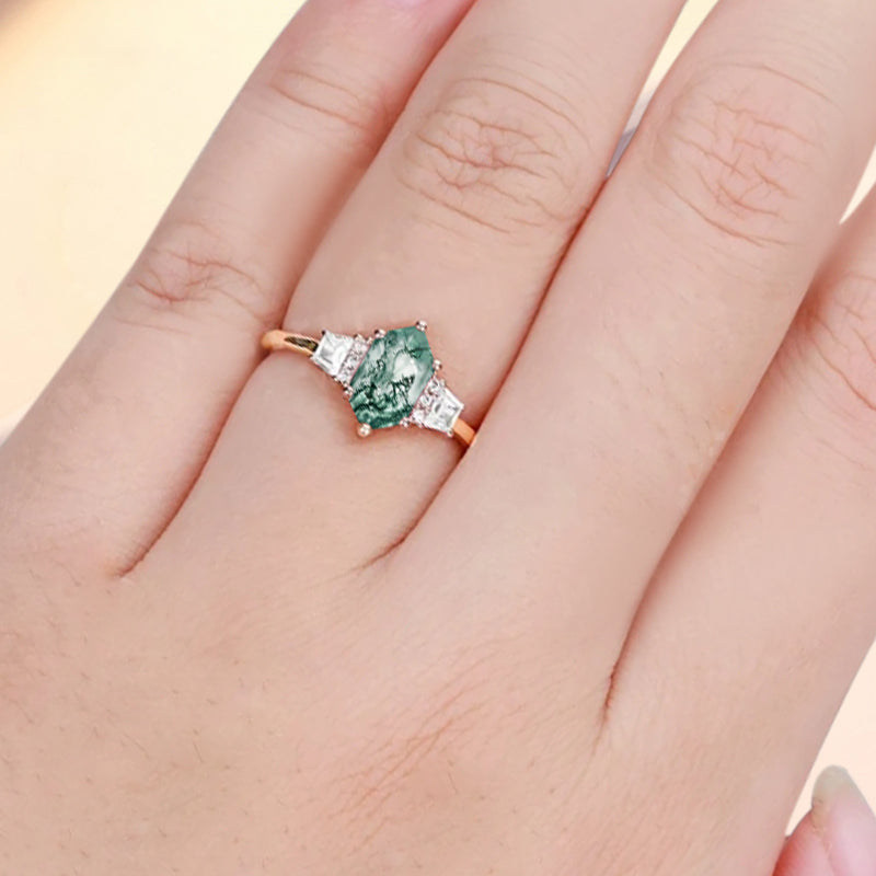 Vintage Hexagon Cut Natural Moss Agate Ring Unique Moss Agate Engagement Ring Art Deco Moss Agate Ring Handmade Rose Gold Bridal Promise Ring