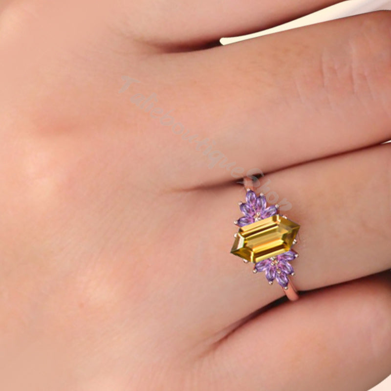 Vintage Hexagon Cut Citrine Engagement Ring Amethyst Wedding Ring Art Deco Rose Gold Dainty Bridal Ring Anniversary Ring