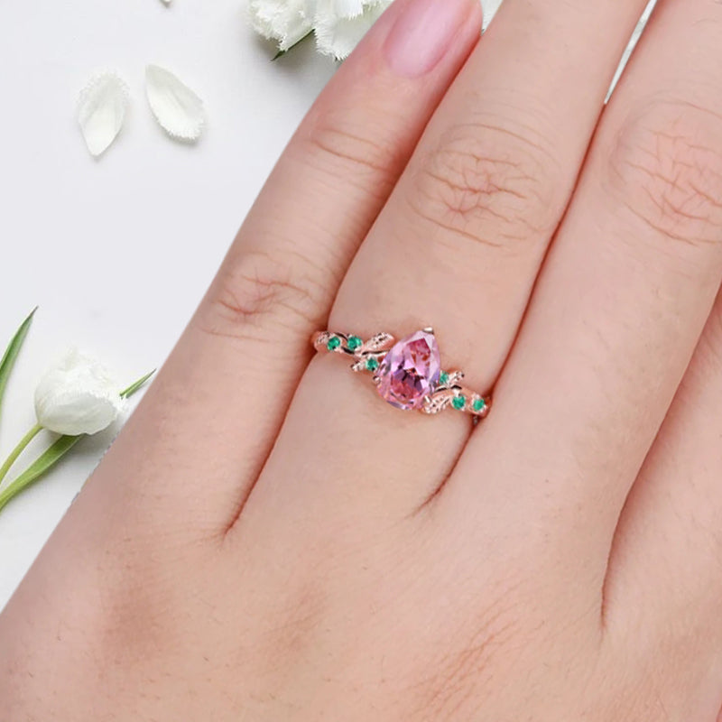 Pink Sapphire Engagement Ring Vintage Pear Cut Pink Sapphire Ring Solid 14k Rose Gold Ring Emerald Bridal Promise Leaf Ring Unique Engagement Anniversary Gift
