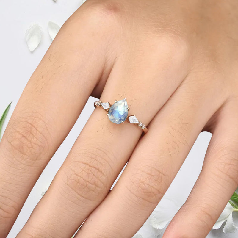 Vintage Pear Cut Moonstone Engagement Rings Kite Moissanite Statement Ring Gift For Her