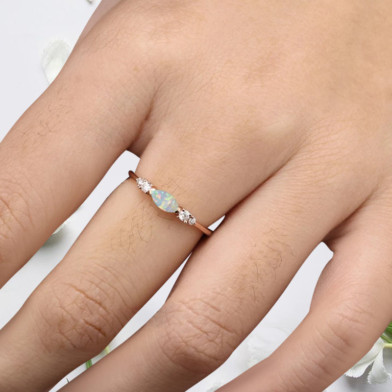 Marquise cut Opal wedding band Unique 10k Rose gold wedding band Anniversary promise band