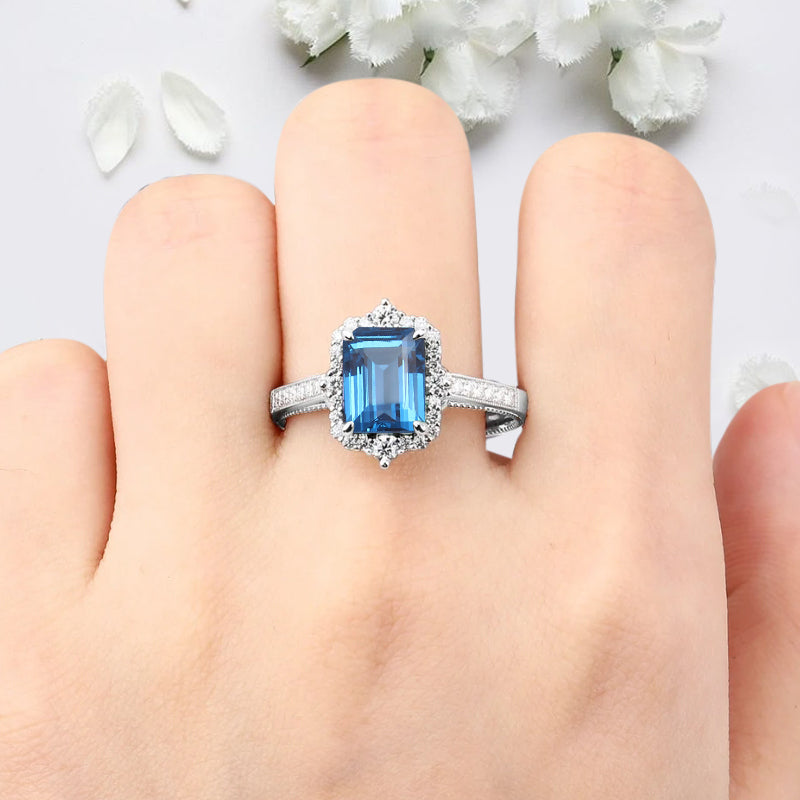 Aquamarine Emerald Cut Ring Art Deco Handmade Octagon Gemstone Engagement Ring Personalized Jewelry Gift
