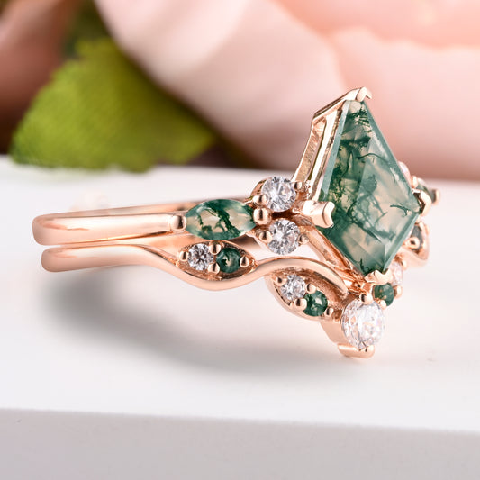Vintage Kite Cut Moss Agate Engagement Ring Set Unique Moss Agate & Moissanite Gemstone Promise Bridal Ring Set