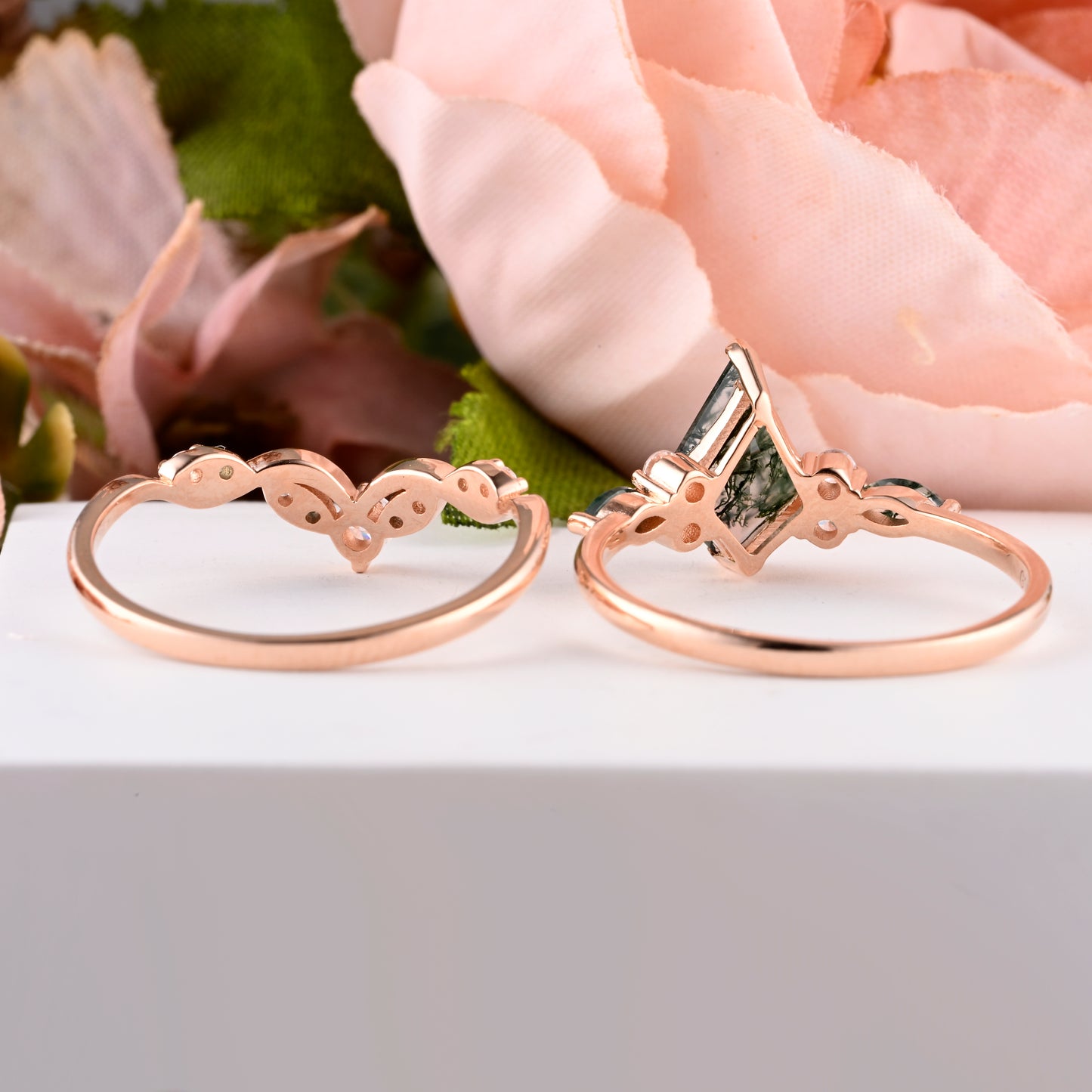 Vintage Kite Cut Moss Agate Engagement Ring Set Unique Moss Agate & Moissanite Gemstone Promise Bridal Ring Set