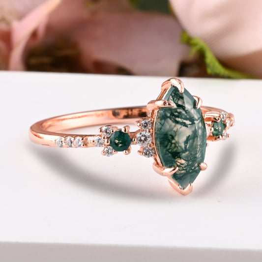 Vintage Marquise Cut Natural Moss Agate Engagement Ring Sets Nature Inspired Moissanite Cluster Promise Ring Rose Gold Art Deco Women Gift Ver.2