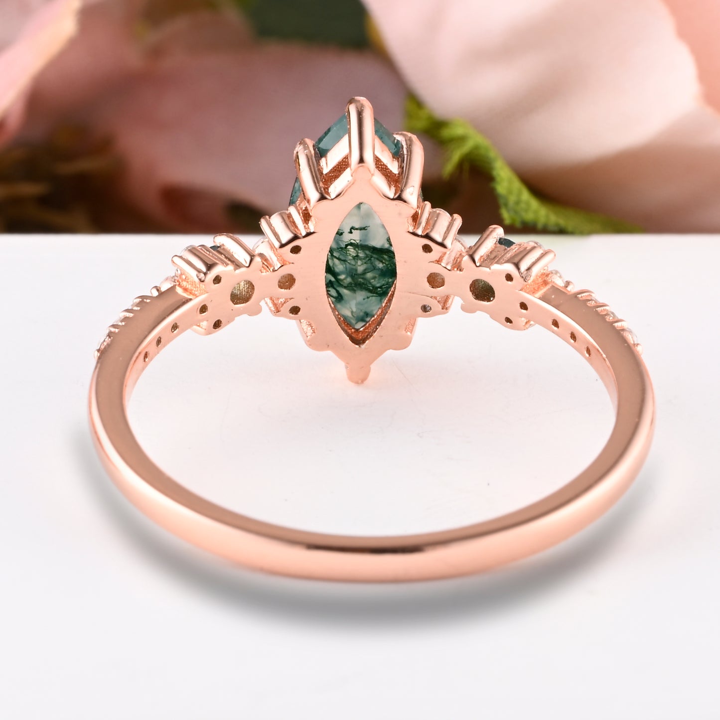 Vintage Marquise Cut Natural Moss Agate Engagement Ring Sets Nature Inspired Moissanite Cluster Promise Ring Rose Gold Art Deco Women Gift Ver.2