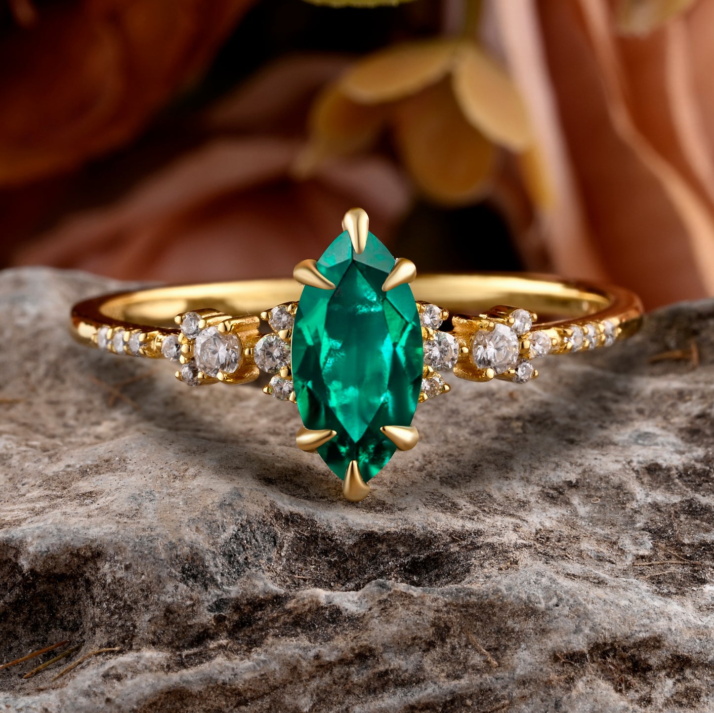 Vintage Marquise Cut Natural Emerald Engagement Ring Sets Nature Inspired Moissanite Cluster Promise Ring Rose Gold Art Deco Women Gift Ver.2
