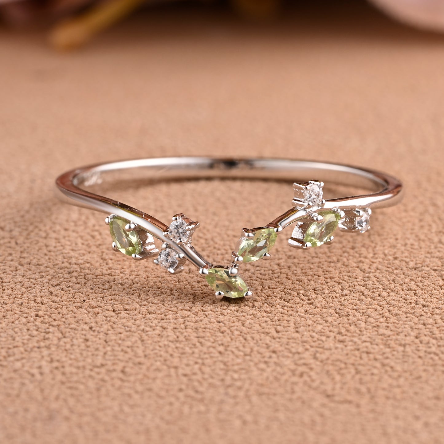 Natural Peridot Curved Wedding Band Art Deco Natural Inspired Leaf Stack Band August Birthstone Stack Ring Silver Rose Gold Micro Pave Ring