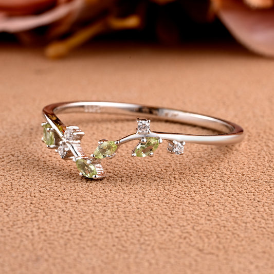 Natural Peridot Curved Wedding Band Art Deco Natural Inspired Leaf Stack Band August Birthstone Stack Ring Silver Rose Gold Micro Pave Ring