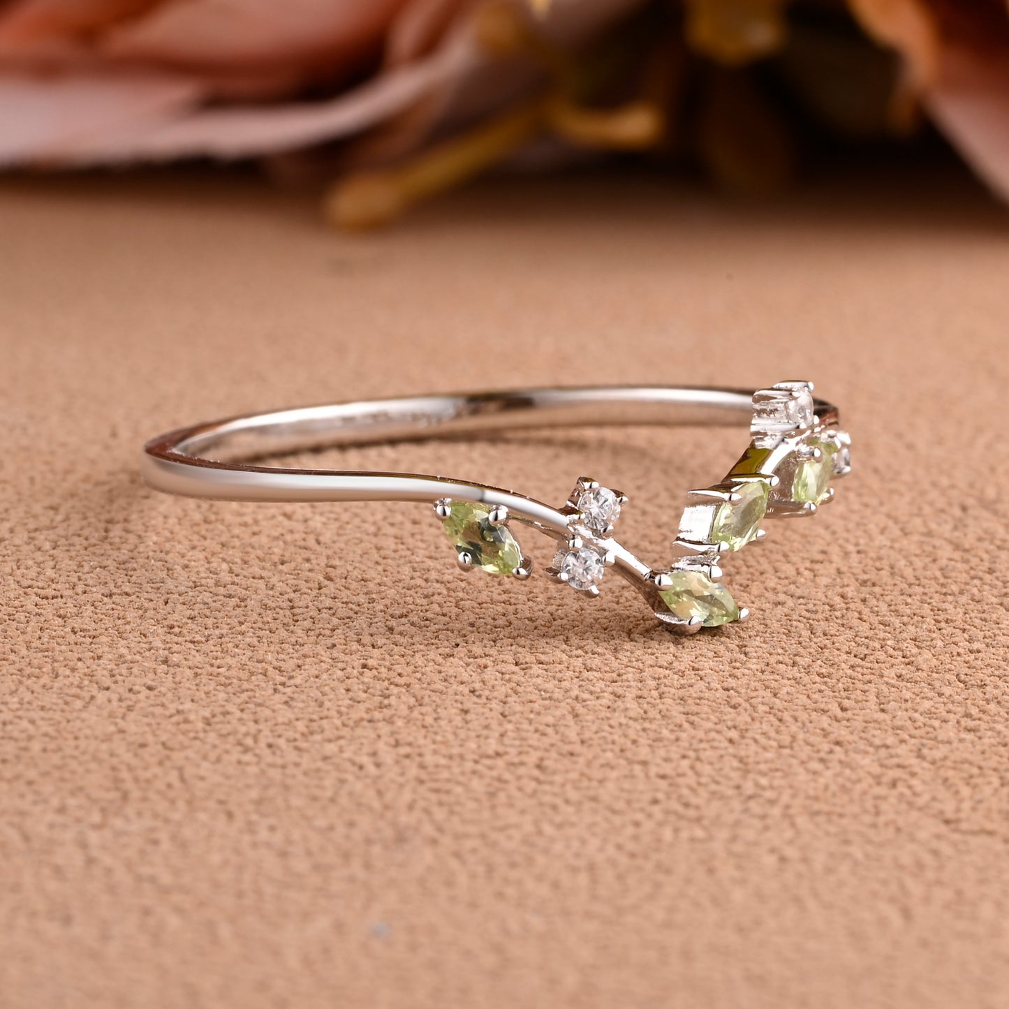 Natural Peridot Curved Wedding Band Art Deco Natural Inspired Leaf Stack Band August Birthstone Stack Ring Silver Rose Gold Micro Pave Ring