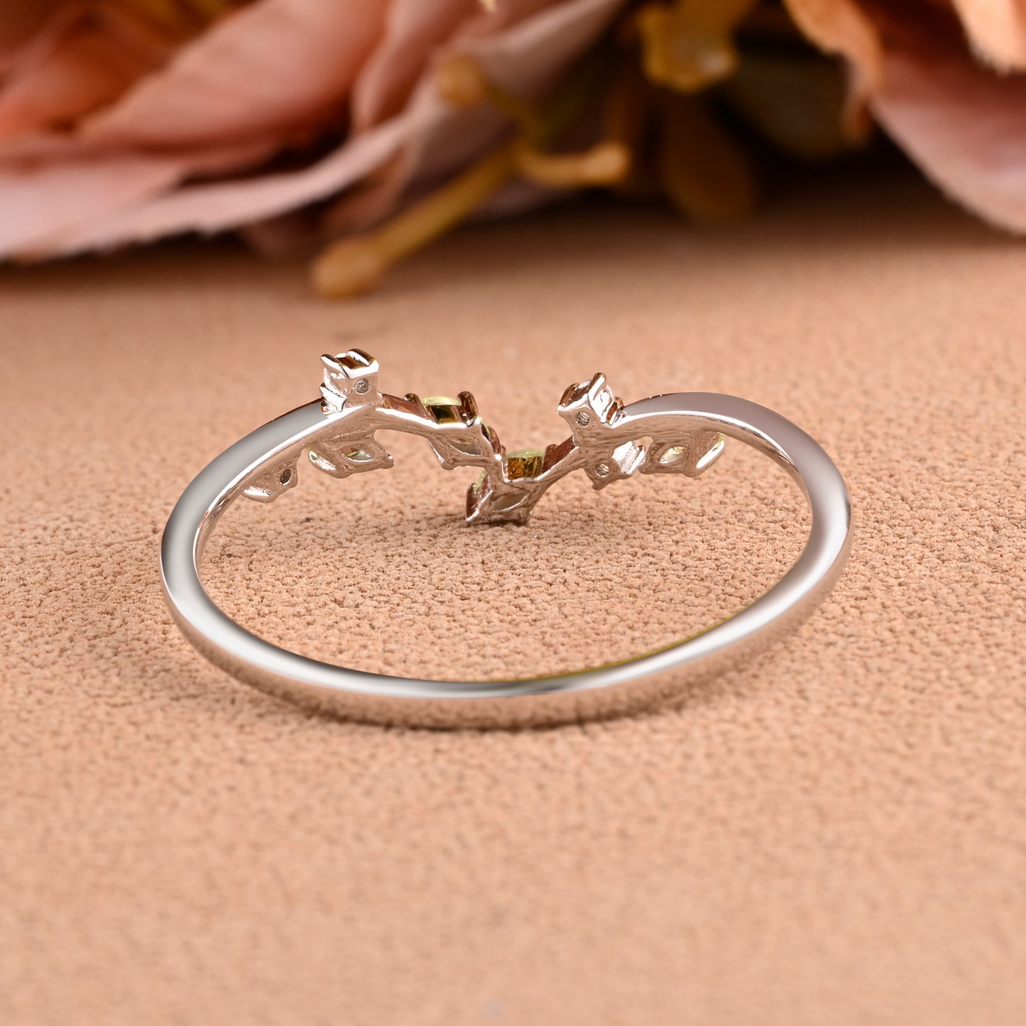 Natural Peridot Curved Wedding Band Art Deco Natural Inspired Leaf Stack Band August Birthstone Stack Ring Silver Rose Gold Micro Pave Ring