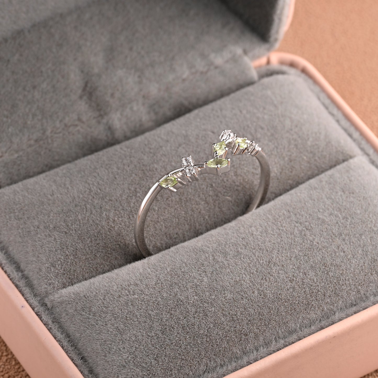 Natural Peridot Curved Wedding Band Art Deco Natural Inspired Leaf Stack Band August Birthstone Stack Ring Silver Rose Gold Micro Pave Ring