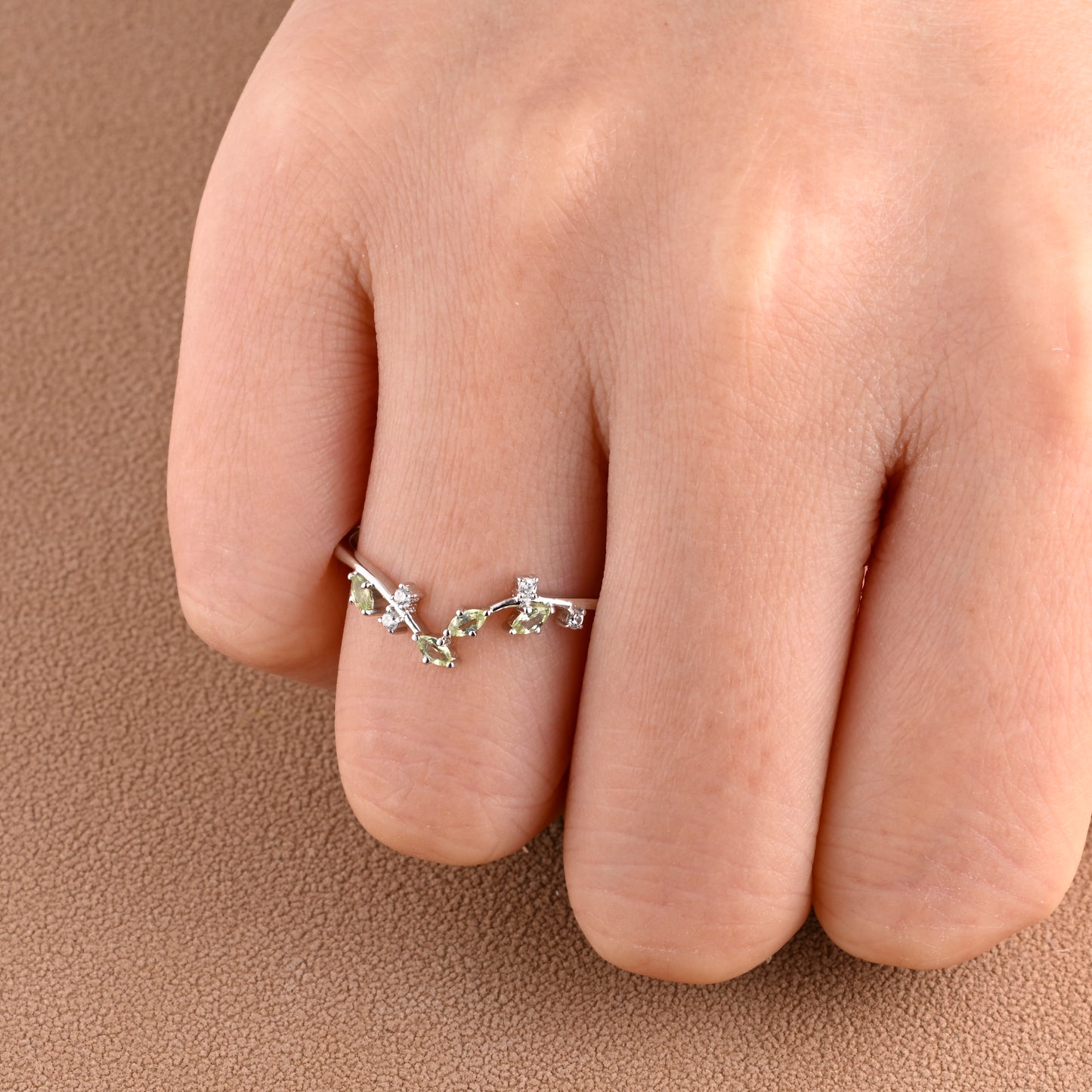Natural Peridot Curved Wedding Band Art Deco Natural Inspired Leaf Stack Band August Birthstone Stack Ring Silver Rose Gold Micro Pave Ring