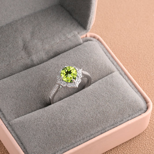 Vintage Peridot Wedding Ring Set Unique Round Cut Peridot Engagement Ring Art Deco Peridot Ring Green Gemstone Ring Anniversary Gift For Her