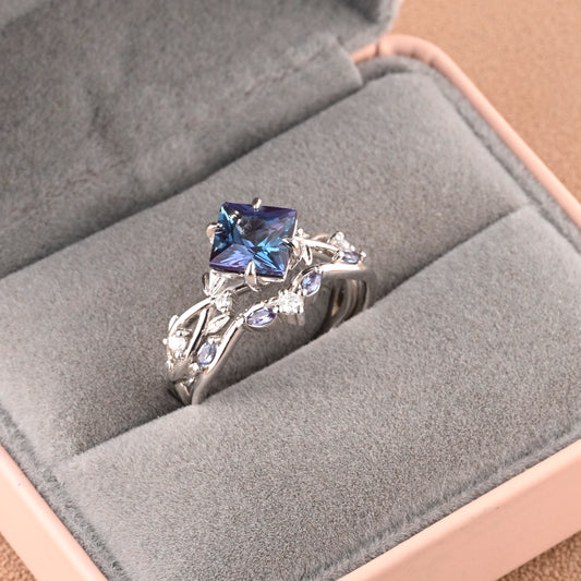 Vintage Princess Cut Alexandrite Enhancer Ring Set Unique Alexandrite Gemstone Promise Bridal Ring Set