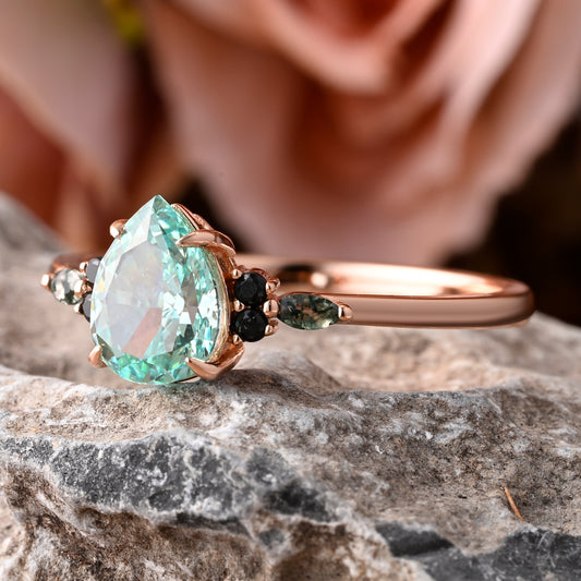 Vintage Pear Tsavorite Engagement Ring Unique Black Onyx Sidestones Pear Shape Gemstone Promise Ring Ver.2