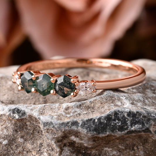 Birthstone bridal ring Round shape Green Moss Agate wedding ring Twist design band Anniversary gifts Solid Rose gold handmade ring for women