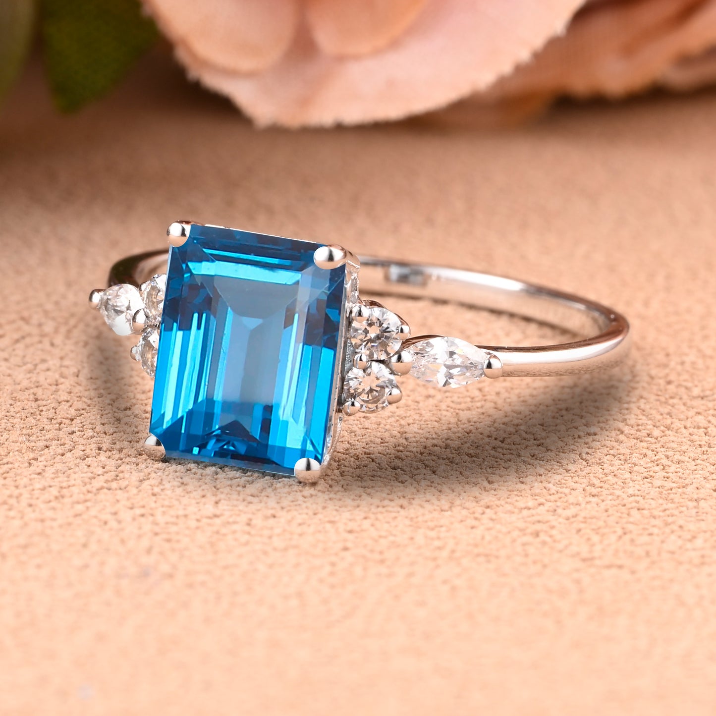 London Blue Topaz Engagement Ring 4 Prong Emerald Cut Vintage Rose Gold Engagement Cluster Ring Moissanite Bridal Ring Promise Ring Anniversary