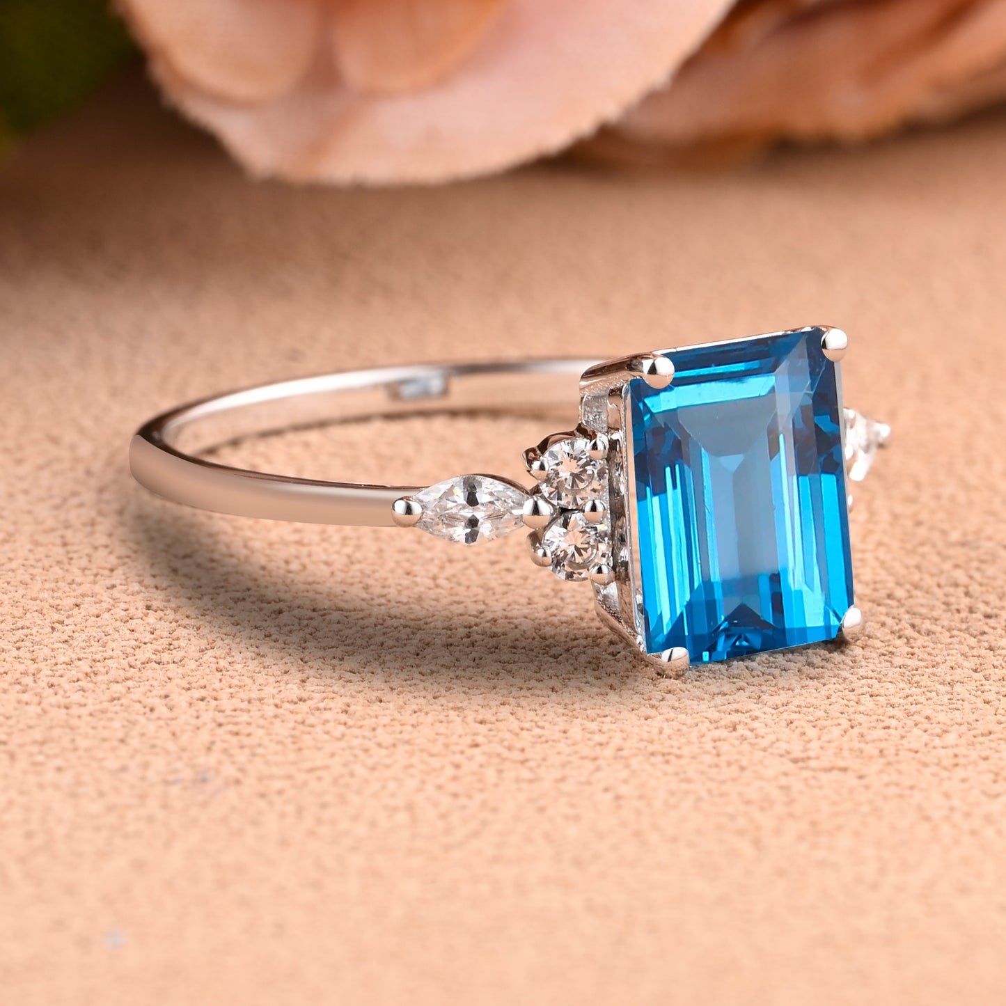 London Blue Topaz Engagement Ring 4 Prong Emerald Cut Vintage Rose Gold Engagement Cluster Ring Moissanite Bridal Ring Promise Ring Anniversary