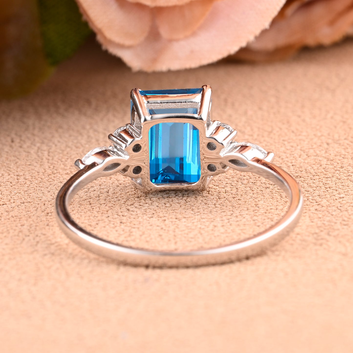 London Blue Topaz Engagement Ring 4 Prong Emerald Cut Vintage Rose Gold Engagement Cluster Ring Moissanite Bridal Ring Promise Ring Anniversary