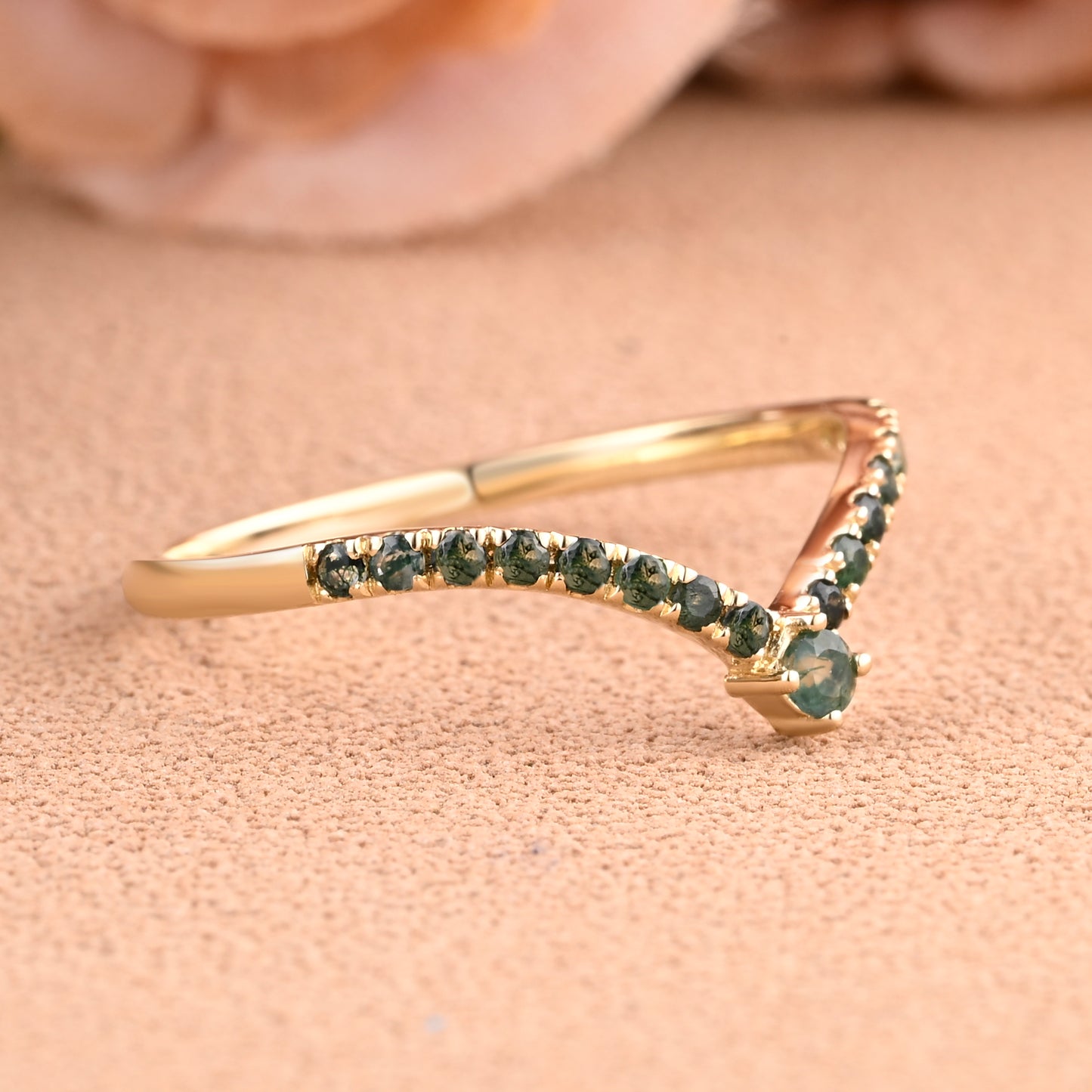Minimalist Chevron Moss Agate Wedding Band Vintage V Shape Green Agate Stacking Ring Unique Matching Ring Promise Ring Anniversary Ring