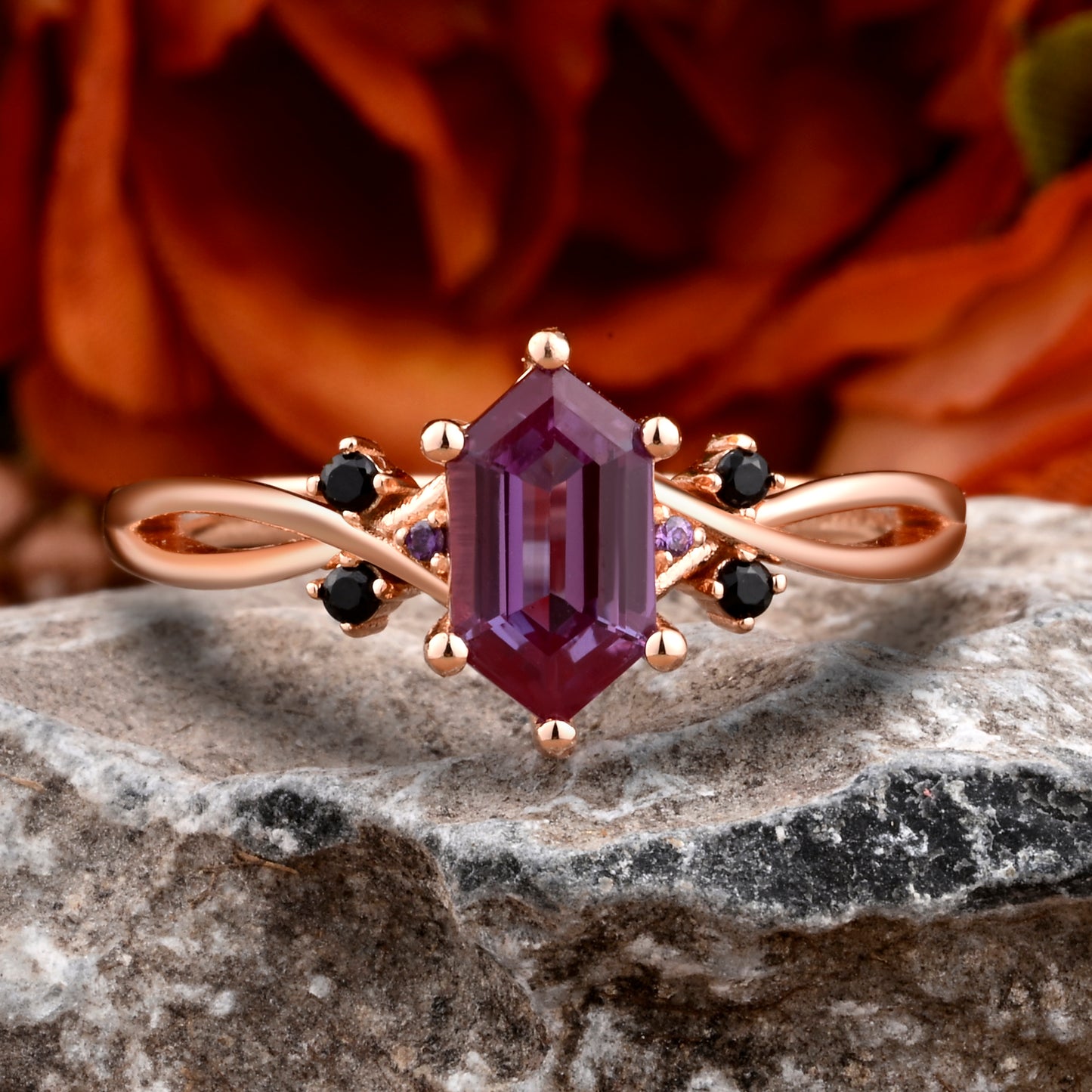 Vintage Hexagon Cut Amethyst Engagement Ring Moissanite Wedding Ring