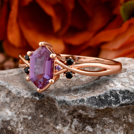 Vintage Hexagon Cut Amethyst Engagement Ring Moissanite Wedding Ring