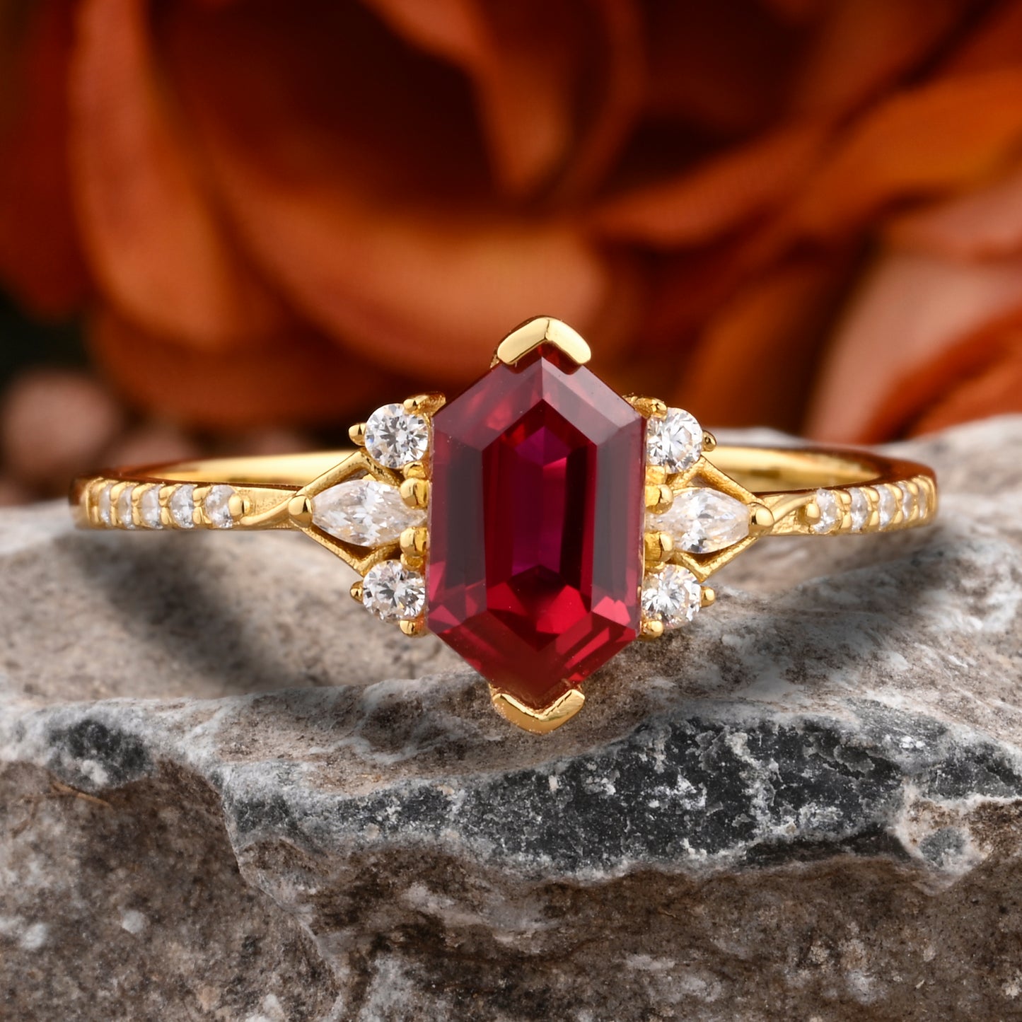 Hexagon Ruby Engagement Ring Moissanite Cluster Promise Ring Rose Gold Art Deco Ring Custom Handmade Bridal Ring Ver.2