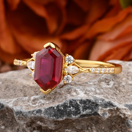 Hexagon Ruby Engagement Ring Moissanite Cluster Promise Ring Rose Gold Art Deco Ring Custom Handmade Bridal Ring Ver.2