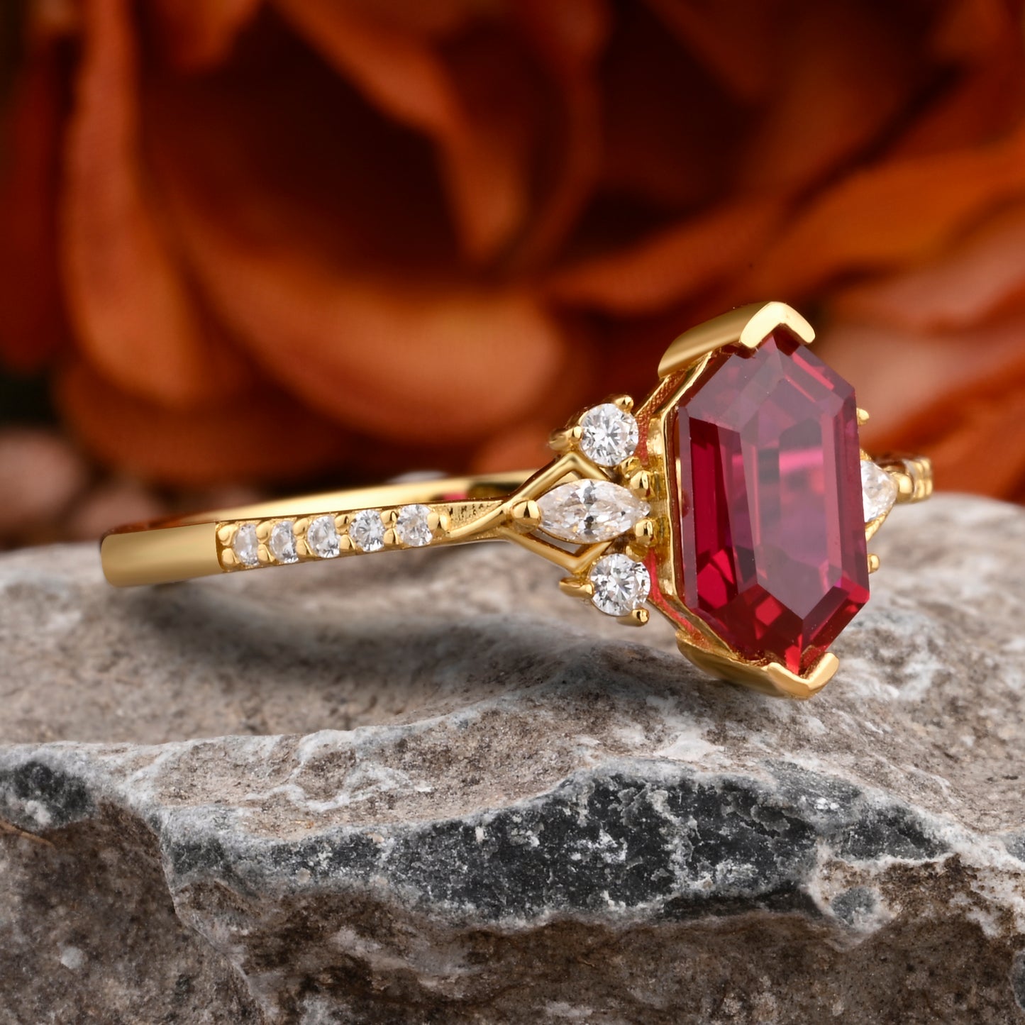 Hexagon Ruby Engagement Ring Moissanite Cluster Promise Ring Rose Gold Art Deco Ring Custom Handmade Bridal Ring Ver.2