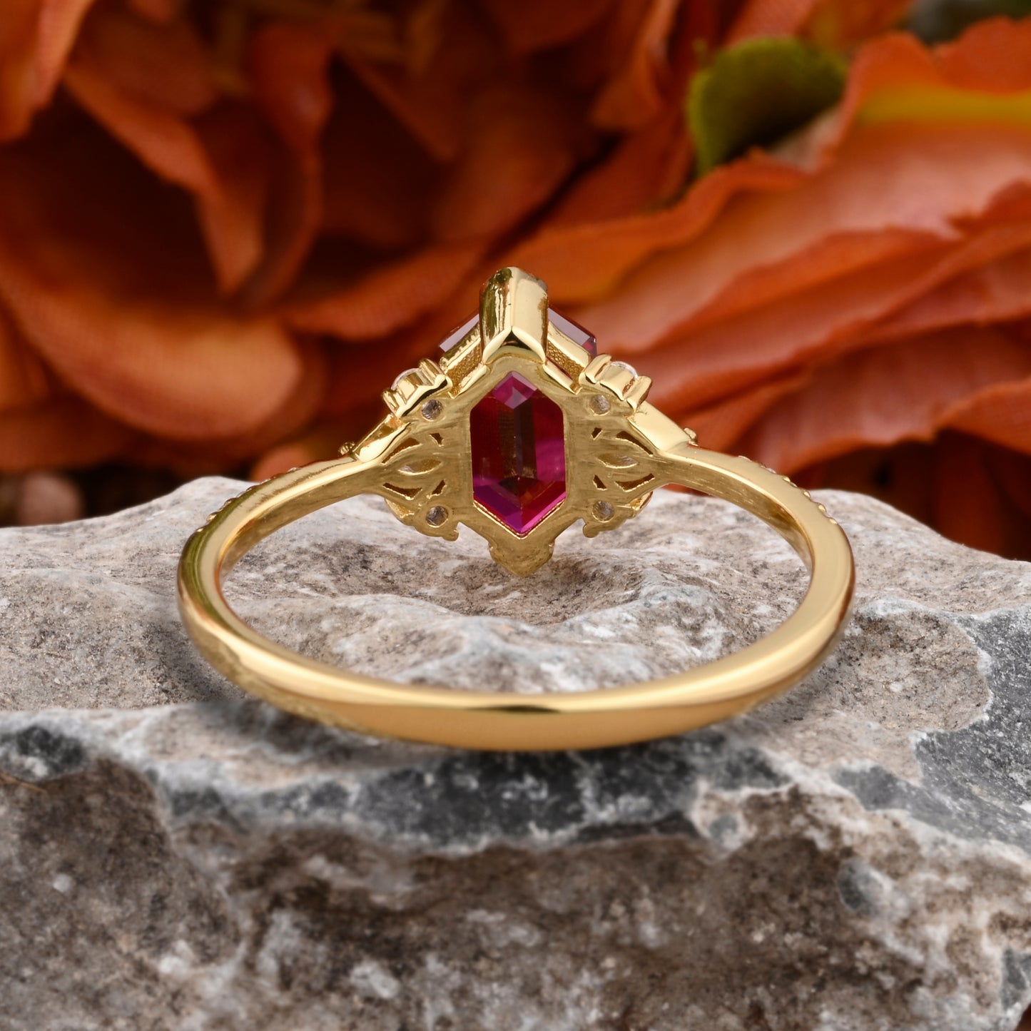 Hexagon Ruby Engagement Ring Moissanite Cluster Promise Ring Rose Gold Art Deco Ring Custom Handmade Bridal Ring Ver.2