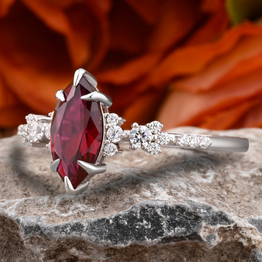 Vintage Marquise Cut Natural Ruby Engagement Ring Sets Nature Inspired Moissanite Cluster Promise Ring Rose Gold Art Deco Women Gift Ver.2