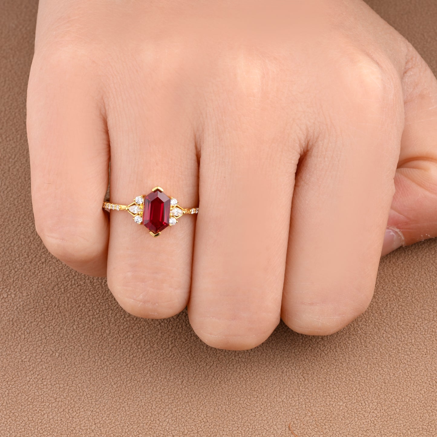 Hexagon Ruby Engagement Ring Moissanite Cluster Promise Ring Rose Gold Art Deco Ring Custom Handmade Bridal Ring Ver.2