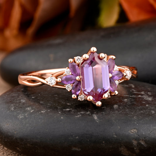 Vintage Hexagon Cut Amethyst Engagement Ring Amethyst & Moissanite Art Deco Rose Gold Dainty Bridal Ring Anniversary Ring