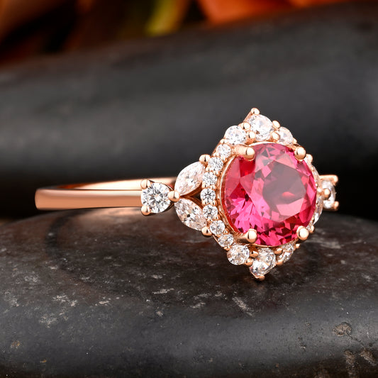 Vintage Pink Sapphire Wedding Ring Set Unique Round Cut Pink Sapphire Engagement Ring Art Deco Sapphire Ring Pink Gemstone Ring Anniversary Gift For Her