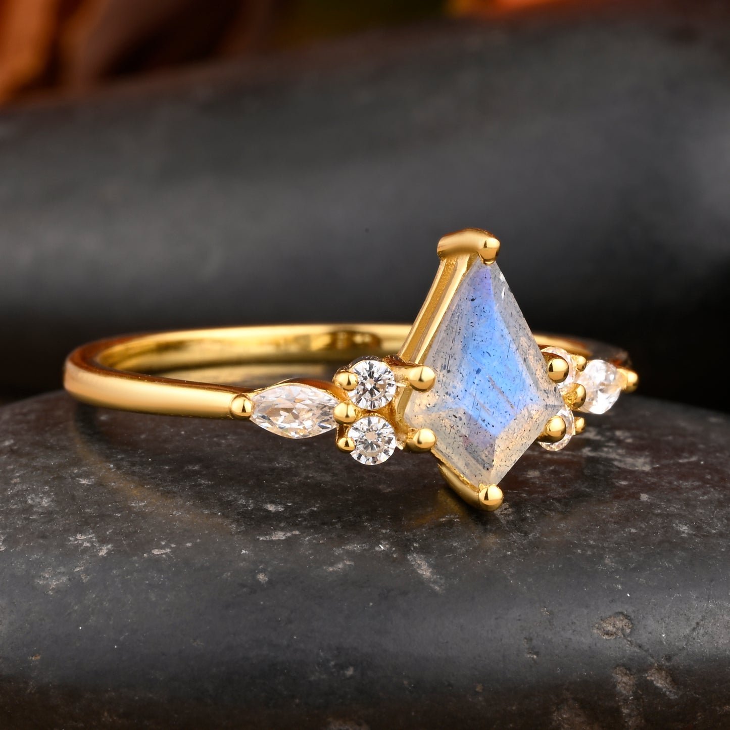 Kite Cut Labradorite Engagement Ring Art Deco Ring Rose Gold Woman Labradorite Promise Ring For Her Unique Diamond Wedding Ring